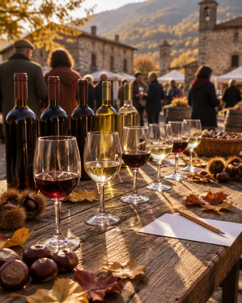 Calici e bottiglie di vino su un tavolo all’aperto